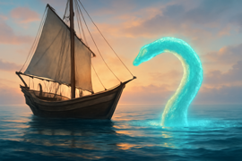 Sinbad enfrentándose a un colosal serpiente marina que emerge de las profundidades