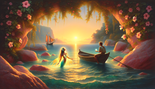 Sirena aceptando la perla al amanecer en una gruta bordeada de hibiscos