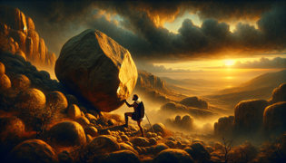 Sísifo vislumbra el triunfo mientras el amanecer ilumina la cumbre, la roca apoyada antes de su descenso.