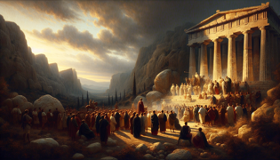 Un heraldo proclama la sentencia eterna de Sísifo ante una multitud corintia silenciosa, bajo la luz del amanecer.