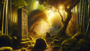 Un bosque pintoresco y un antiguo pilar de piedra inscrito con símbolos misteriosos, iluminados por la cálida luz del atardecer.