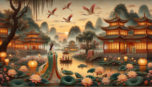La princesa Yue realizando un ritual sagrado junto a un lago de lotos luminosos, mientras visiones etéreas de grullas carmesí flotan en el aire.