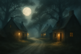 Camino iluminado por la luna que serpentea a través del pueblo de Sleepy Hollow, con faroles antiguos que emiten un suave resplandor