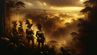 Conquistadores españoles en armadura abollada se encuentran en la cima de una cresta cubierto de niebla, con vista a un densísimo valle tropical.