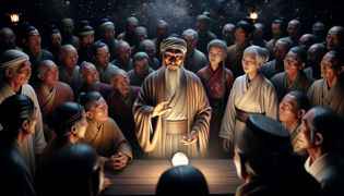 Master Liang presenting a smooth stone to a group of cautious but curious villagers.