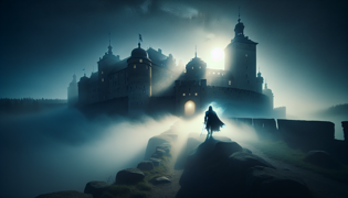 El caballero etéreo, de pie en solitario sobre las murallas del castillo bajo un cielo estrellado, envuelto en niebla.