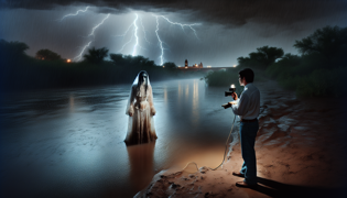 Mujer espectral en encaje que emerge del tormentoso Río Grande
