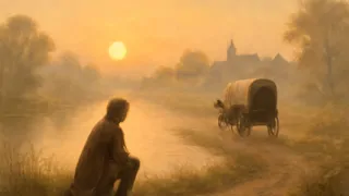 Una joven solitaria arrodillada junto a un río tranquilo al amanecer, observando un carruaje que se aleja.