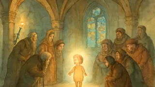 El niño estrella mirando con curiosidad a los nobles cortesanos en el gran salón del Castillo Anlua.