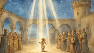 El hijo de las estrellas ascendiendo en un pilar de luz ante la asombrada princesa y corte