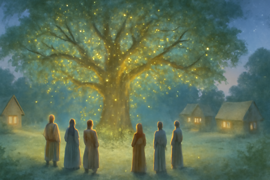 Aislinn y Branna liberan destellos de luz brillante desde un antiguo roble mientras los aldeanos observan con asombro.