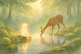 Niño estrella de pie junto a un estanque brumoso en el bosque, mientras Branna observa maravillada.