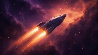 Una nave estelar atravesando una densa nebulosa entropica, dejando tras de sí luz y esperanza