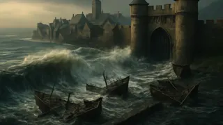 Las aguas de la inundación voraz que estallan en el puerto y las murallas del castillo de Stavoren