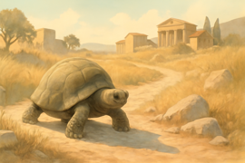 La tortuga decidida avanzando con firmeza por el sendero polvoriento bordeado de olivos bajo el sol del mediodía.