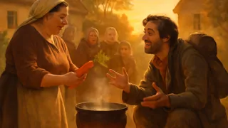 El viajero removiendo la olla e invitando a un aldeano reticente a compartir los ingredientes.