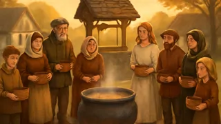 Los aldeanos reunidos alrededor de la olla hirviendo mientras el viajero pide los ingredientes.