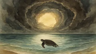 Un mar tranquilo en el ojo de la tormenta, mientras la tortuga detiene su camino.
