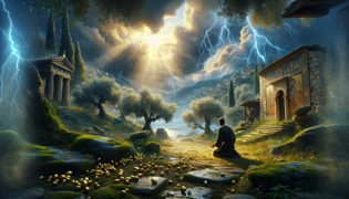 A stormy ancient shrine with shattered golden eggs and a remorseful farmer in despair.