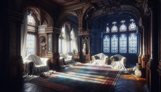 Gran vestíbulo del Salón Stourdevant, con muebles cubiertos de polvo y delicados trabajos en madera iluminados por la luz de la luna.