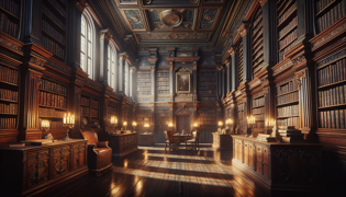 Gran biblioteca de Stourdevant Hall, con estanterías altísimas y muebles antiguos iluminados por la luz de las velas.