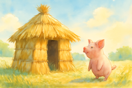 Casa de paja construida por el primer cerdito en un prado dorado