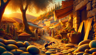 Lush ancient Greek village scene with busy market and diligent ant amidst olive groves.