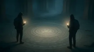 Una cámara oculta con un círculo luminoso grabado en el suelo, que emite un pulso de luz ominosa.