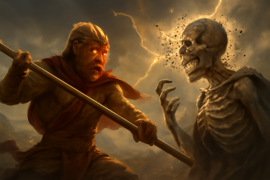 Sun Wukong golpeando a la Dama Esqueleto mientras se transforma