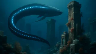 Los patrones bioluminiscentes brillan en las ruinas antiguas sumergidas y en un leviatán colateral bajo las luces de la Aurora.