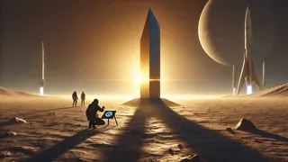 El amanecer temprano proyecta sombras dramáticas alrededor de un monolito lunar en la superficie de la Luna.