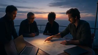 Expertos en conservación marina a bordo del barco: estudiando mapas y llegando a acuerdos al atardecer sobre aguas tranquilas.