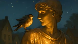 Una solitaria golondrina posada delicadamente en el hombro dorado de una estatua.