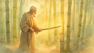 Anciano leñador descubriendo un tallo de bambú brillante al amanecer