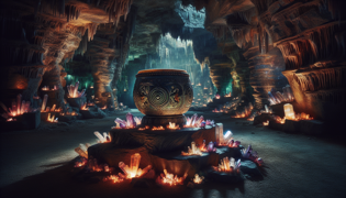 The mythical Talking Drum resting on a stone pedestal inside a glowing cave.