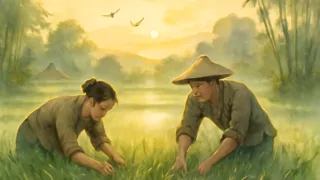 Tan y Lang, dos hermanos vietnamitas, trabajando juntos en los exuberantes arrozales al amanecer.