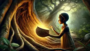 Tandiwe descubre la brillante cesta mágica Mbusa dentro del hueco de un antiguo árbol mukwa en el Bosque Prohibido.