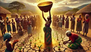 Tandiwe levanta la Canasta Mbusa Encantada en el centro del pueblo, mientras una lluvia dorada revitaliza la tierra reseca, trayendo esperanza a su gente.
