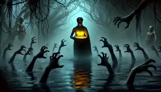 Tandiwe se encuentra en el oscuro Río de las Sombras, aferrándose a la canasta luminosa mientras manos espectrales emergen del agua para poner a prueba su determinación.