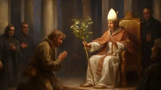 Tannhäuser se arrodilla ante el Papa Urbano IV en Roma mientras el papa sostiene un báculo que estalla en flor.
