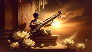 Tansen tocando el Raga del Amanecer en su sitar junto a Swami Haridas al amanecer, en un patio de mármol, con flores de loto a sus pies.