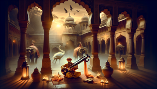 Tansen actuando en la ornamentada corte de mármol del emperador Akbar, con linternas brillando y cortesanos observando con asombro.