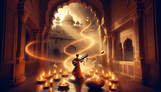 Tansen iluminando un salón oscuro del palacio con el Raga de la Llama de su sitar, mientras las lámparas de aceite se encienden al unísono.