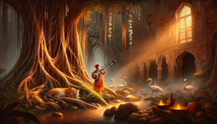 Tansen tocando su sitar frente a un majestuoso tigre en un bosque de raíces de banyán cubiertas de musgo, con la luz de la tarde filtrándose a través de las hojas.