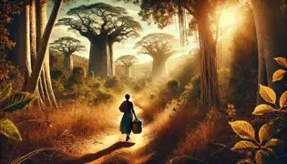 Tariro camina a través de un exuberante paisaje zimbabuense, llevando un pequeño bulto, rodeado de majestuosos árboles baobab y bañado por la luz dorada del sol.