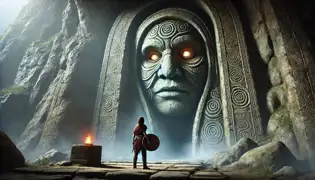 Tariro se enfrenta a un colosal guardián de piedra en la entrada de una oscura cueva sagrada, preparándose para responder a su enigma.