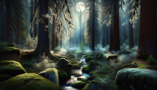 Ancient pine grove with stones arranged in a ceremonial circle beside a flowing creek under soft moonlight.