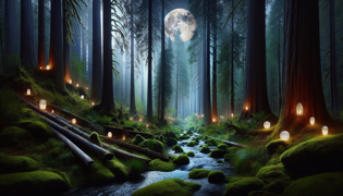Eerie glow of lantern-like lights drifting above a creek in a dense pine forest, illuminating misty air at twilight.