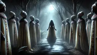 Thandiwe se enfrenta a figuras misteriosas con túnicas flotantes que se alinean a lo largo del sendero iluminado, sus rostros ocultos en la luz de la luna.
