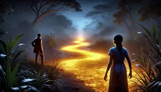 Thandiwe avanza por el sendero iluminado a lo largo del río Limpopo, mientras Mandla la observa desde la orilla con preocupación.
